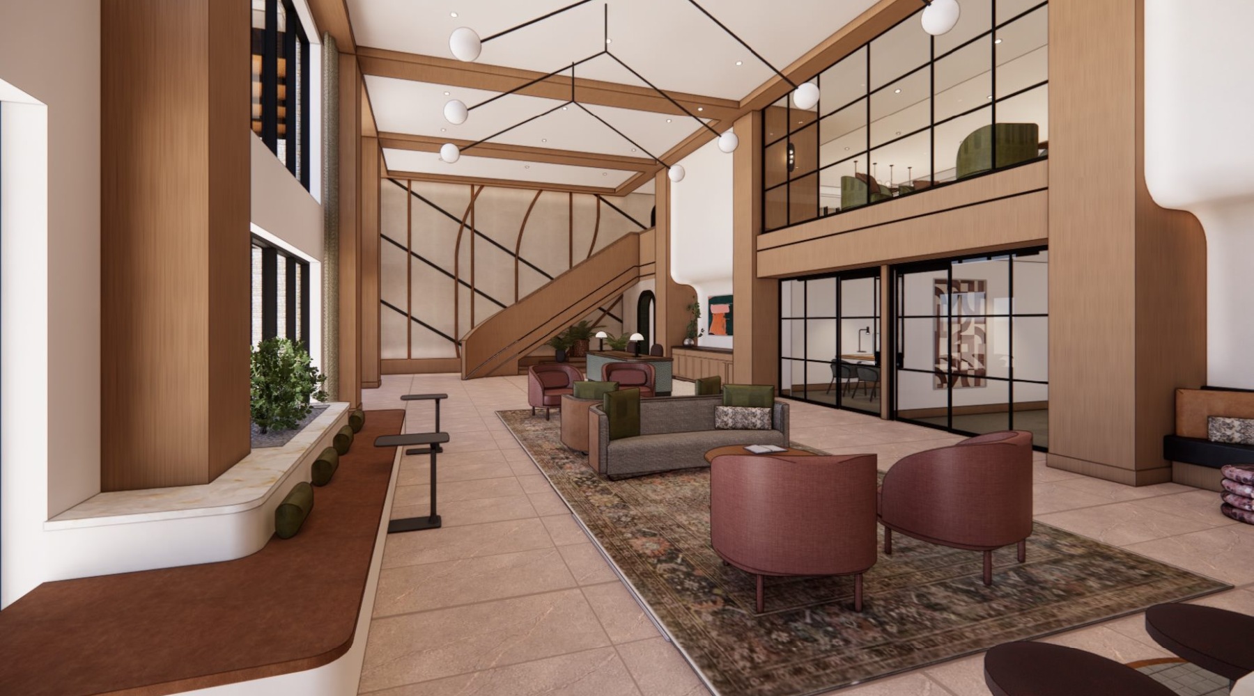 a clubroom with tables and chairs
